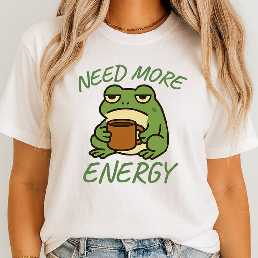 Funny Frog Coffee T-Shirt, Need More Energy Tee, Cute Frog Shirt, Lazy Tired Frog Mug Graphic Tee, Coffee Lover Gift, Unisex Humor Shirt