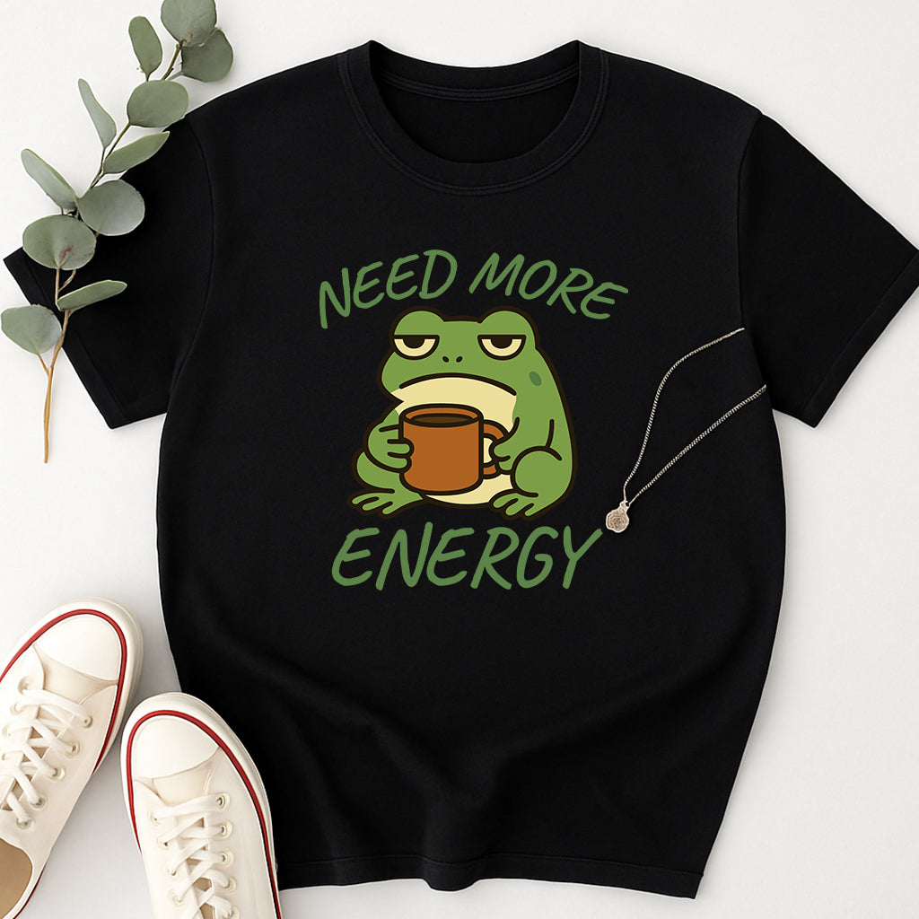 Funny Frog Coffee T-Shirt, Need More Energy Tee, Cute Frog Shirt, Lazy Tired Frog Mug Graphic Tee, Coffee Lover Gift, Unisex Humor Shirt