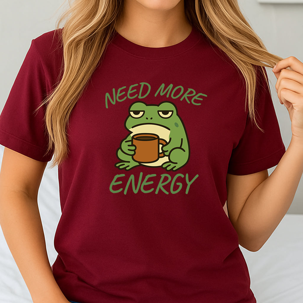 Funny Frog Coffee T-Shirt, Need More Energy Tee, Cute Frog Shirt, Lazy Tired Frog Mug Graphic Tee, Coffee Lover Gift, Unisex Humor Shirt