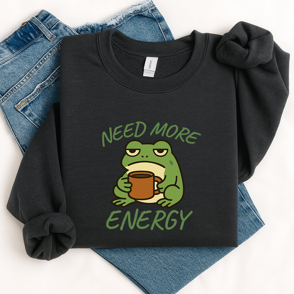 Funny Frog Coffee T-Shirt, Need More Energy Tee, Cute Frog Shirt, Lazy Tired Frog Mug Graphic Tee, Coffee Lover Gift, Unisex Humor Shirt