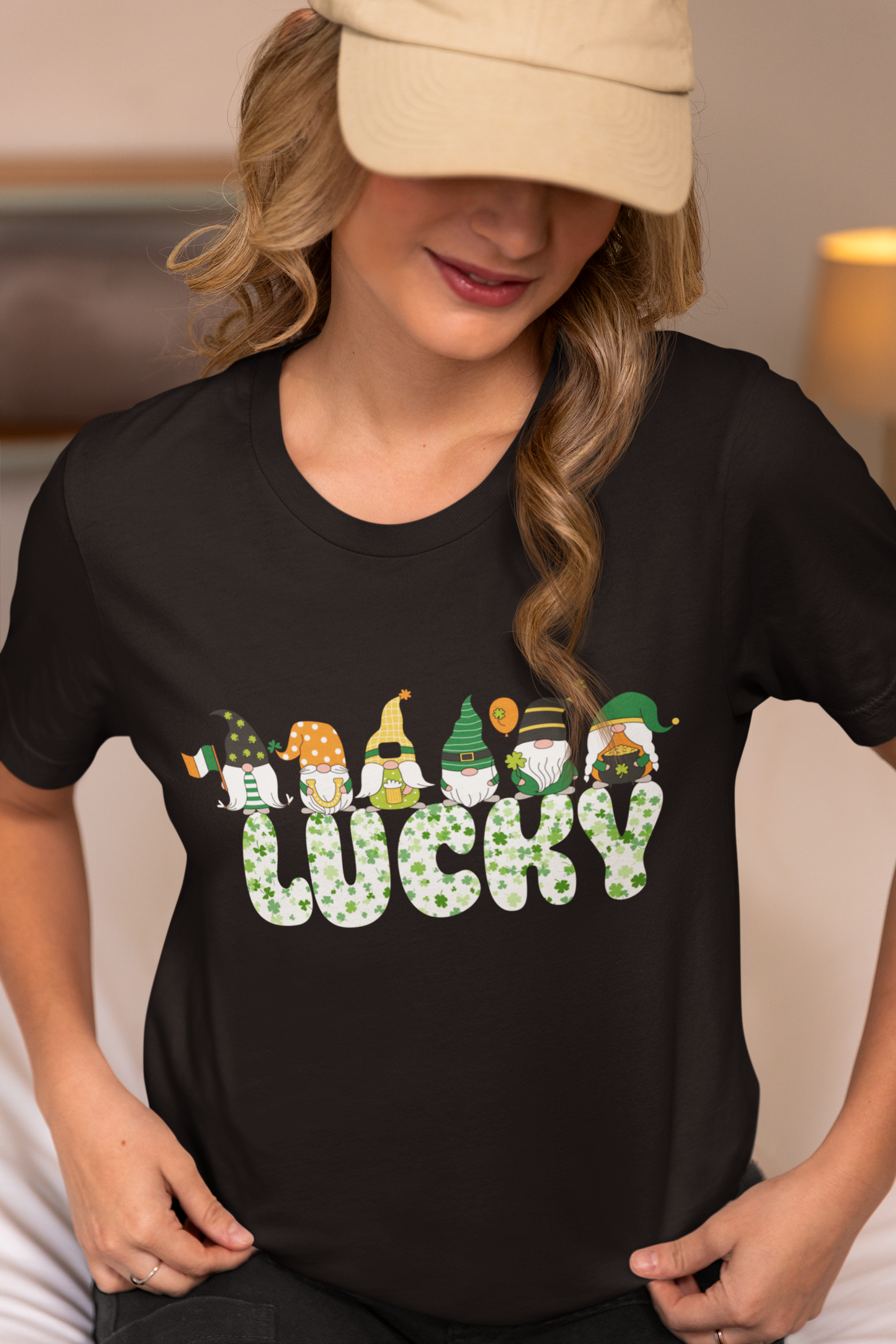 Lucky St. Patrick’s Day Gnome T-Shirt Shamrock Clover Tee Irish Holiday Outfit Black T-Shirt Cute Gnome Shirt Unisex