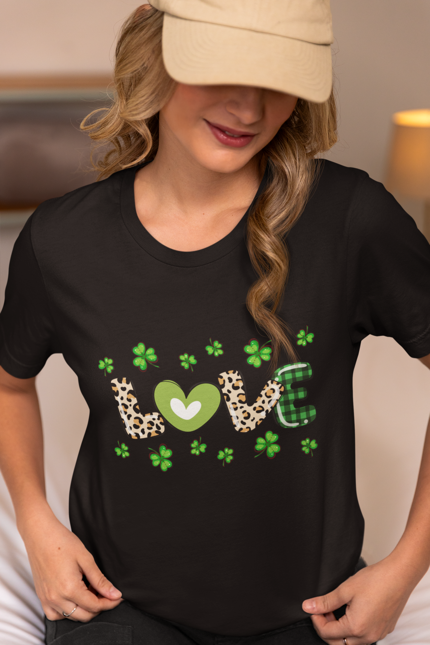LOVE St. Patrick’s Day Shirt Shamrock Leopard Print Tee Green Plaid Clover T-Shirt Lucky Irish Love Shirt St Patty’s Day T-shirt