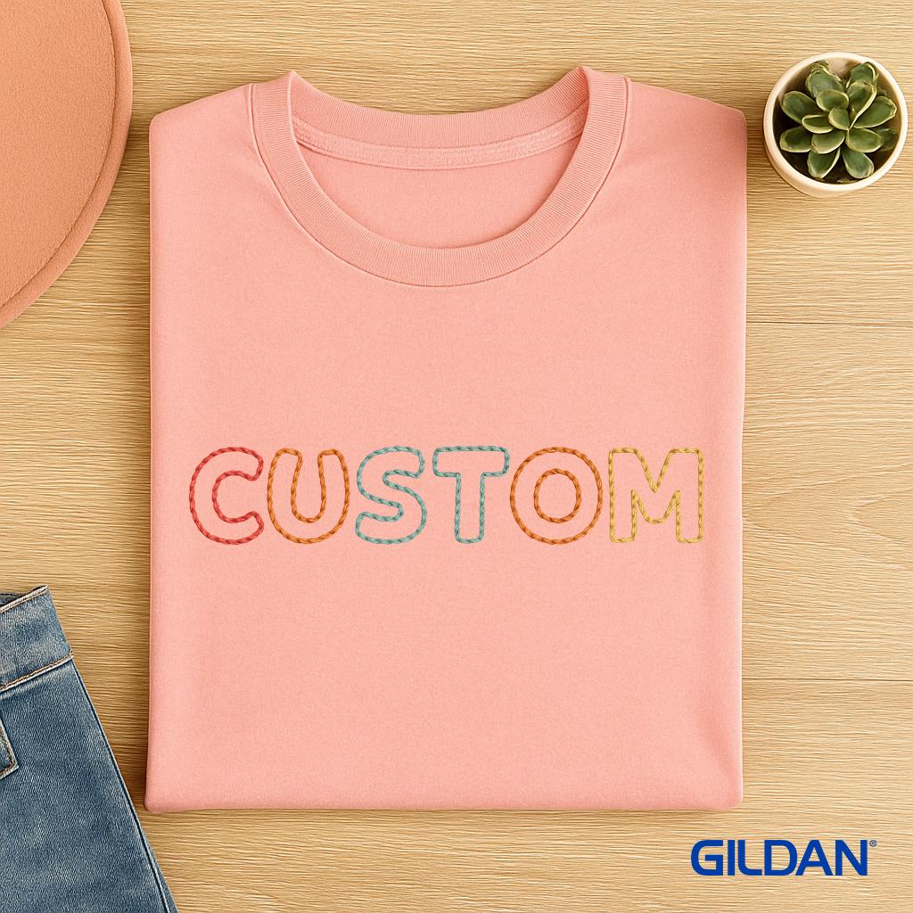 Custom Embroidered Gildan T-Shirt: Personalized Text Tee, Birthday Gift