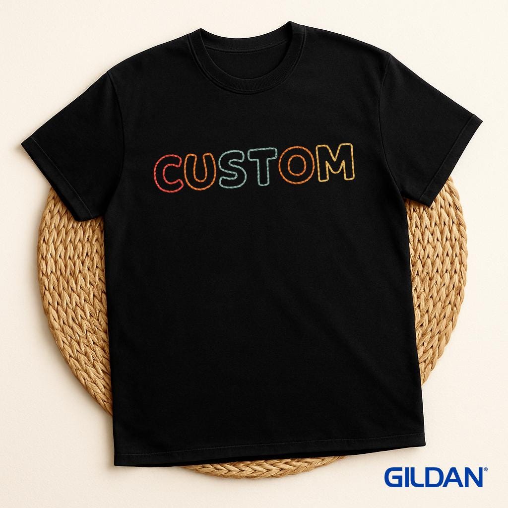Custom Embroidered Gildan T-Shirt: Personalized Text Tee, Birthday Gift