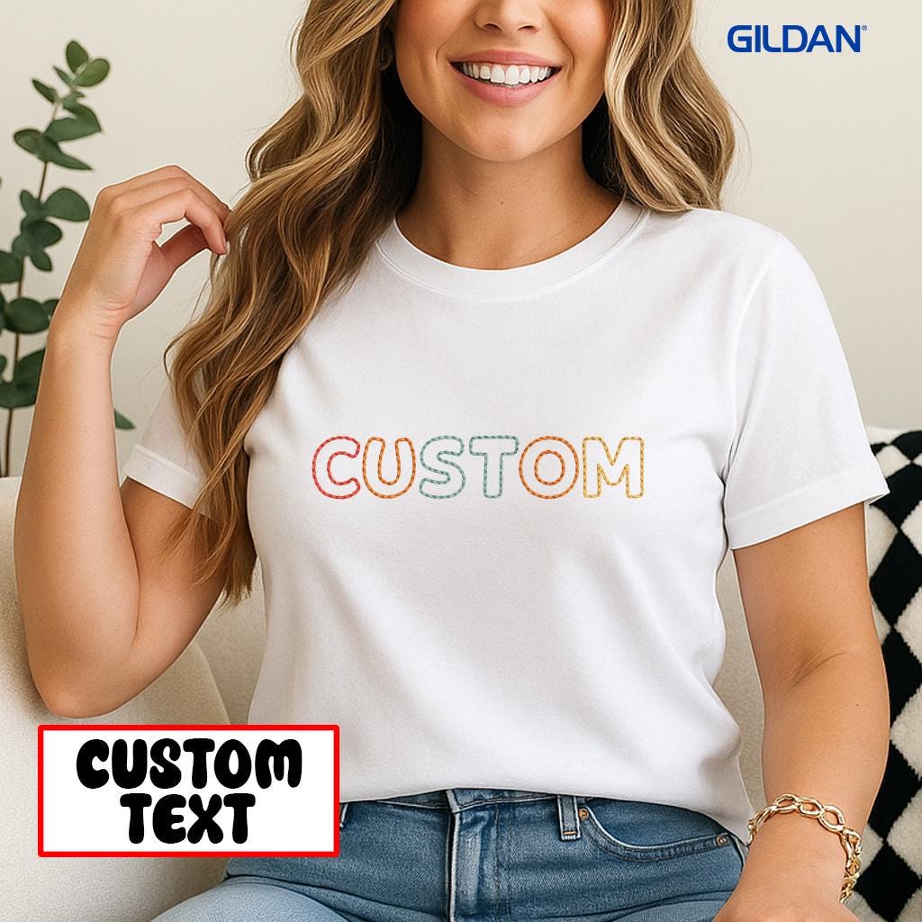 Custom Embroidered Gildan T-Shirt: Personalized Text Tee, Birthday Gift