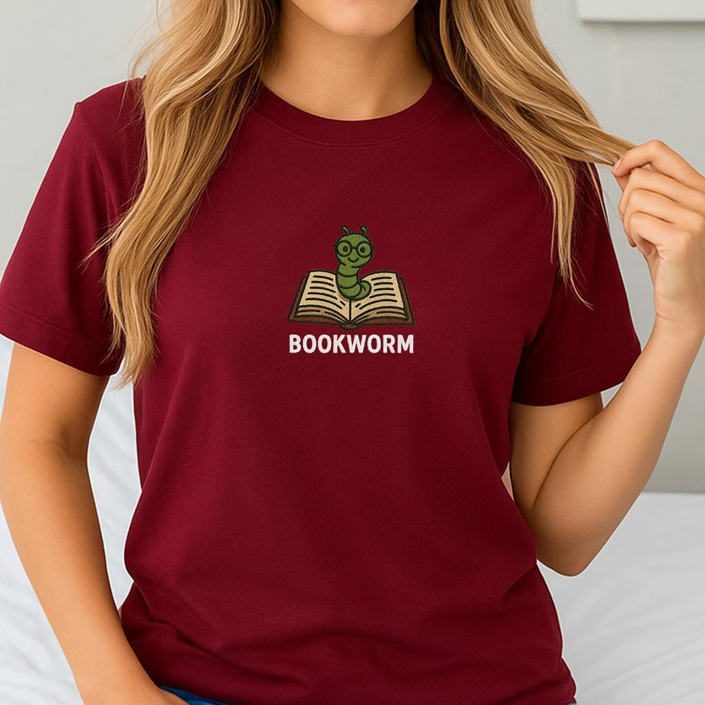 Bookworm Embroidered Tee – Cute Shirt for Book Lovers, Embroidery shirt - Bookish Gifts, Unisex sweatshirt and tshirt, Gift for Him & Her