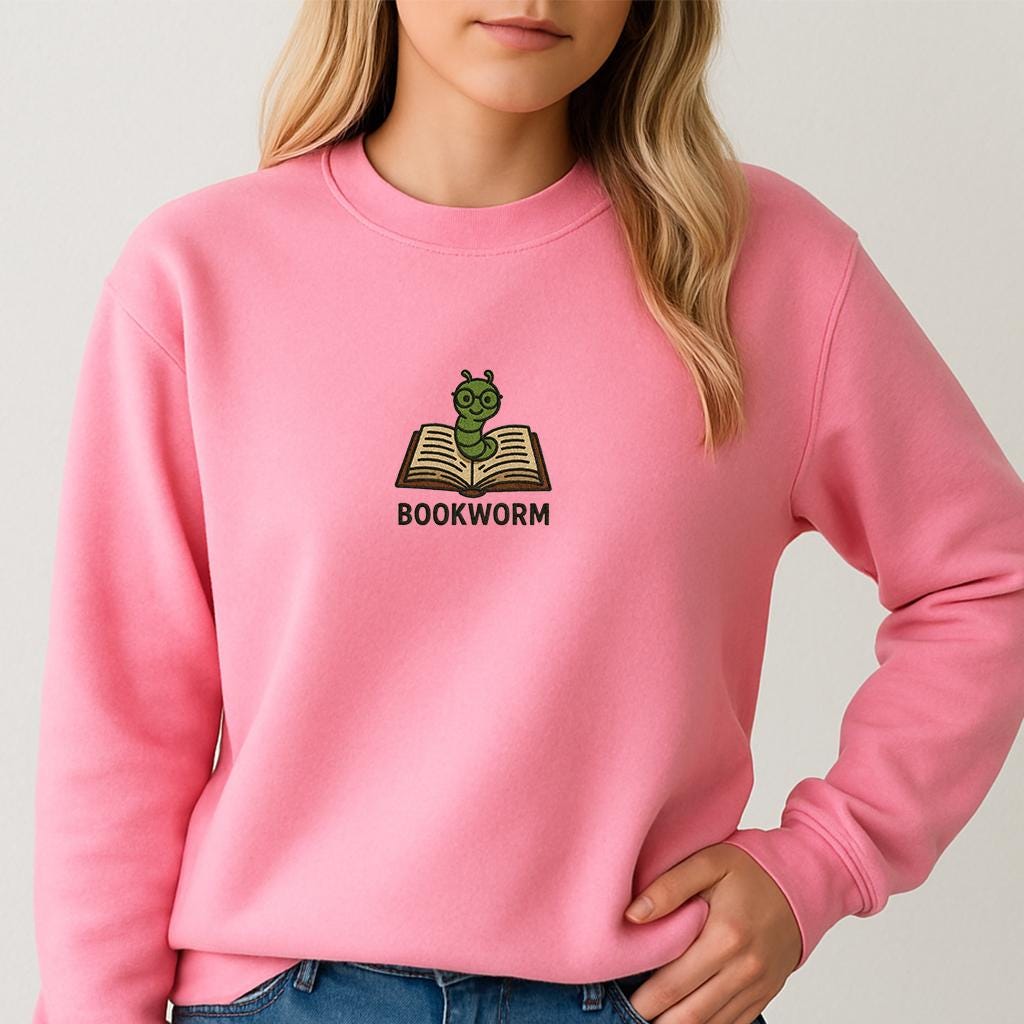Bookworm Embroidered Tee – Cute Shirt for Book Lovers, Embroidery shirt - Bookish Gifts, Unisex sweatshirt and tshirt, Gift for Him & Her