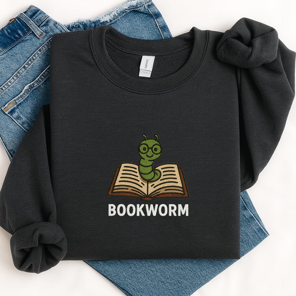 Bookworm Embroidered Tee – Cute Shirt for Book Lovers, Embroidery shirt - Bookish Gifts, Unisex sweatshirt and tshirt, Gift for Him & Her