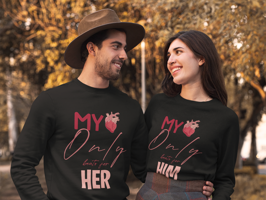 Matching Couples Hoodie My Heart Only Beats for Him & Her Romantic Valentine’s Day Gift Cozy Love Pullover