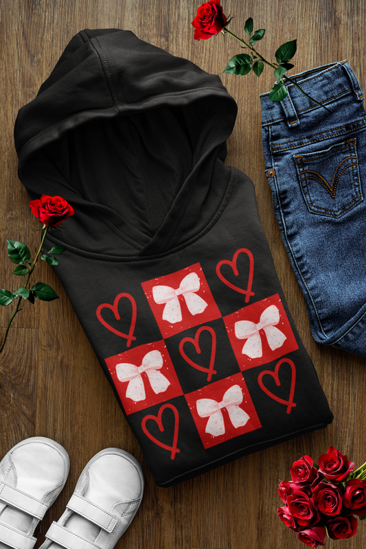 Valentine's Day Box Hoodie Cute Hearts & Bows Romantic Cozy Pullover Holiday Love Outfit