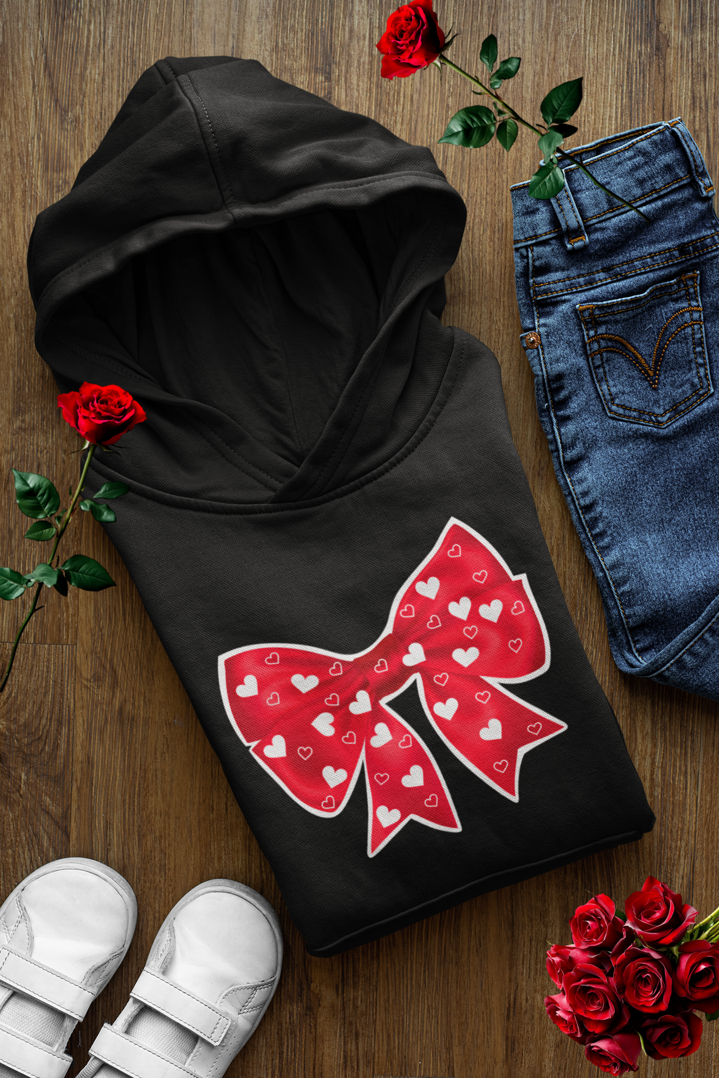 Heart Bow Hoodie Cute Valentine's Day Hoodie Romantic Bowtie Pullover Cozy Holiday Love Gift