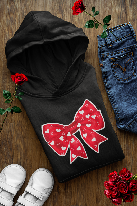 Heart Bow Hoodie Cute Valentine's Day Hoodie Romantic Bowtie Pullover Cozy Holiday Love Gift
