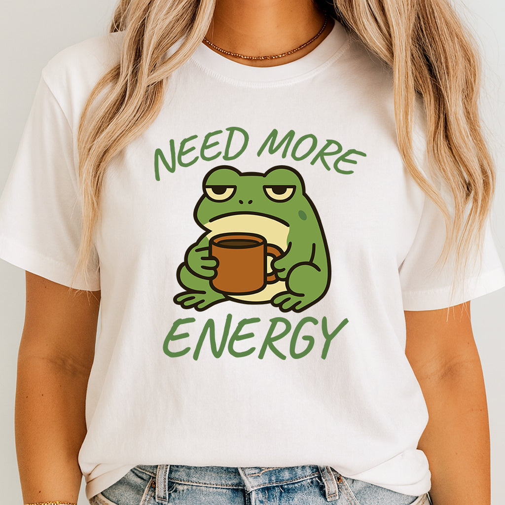 Funny Frog Coffee T-Shirt, Need More Energy Tee, Cute Frog Shirt, Lazy Tired Frog Mug Graphic Tee, Coffee Lover Gift, Unisex Humor Shirt
