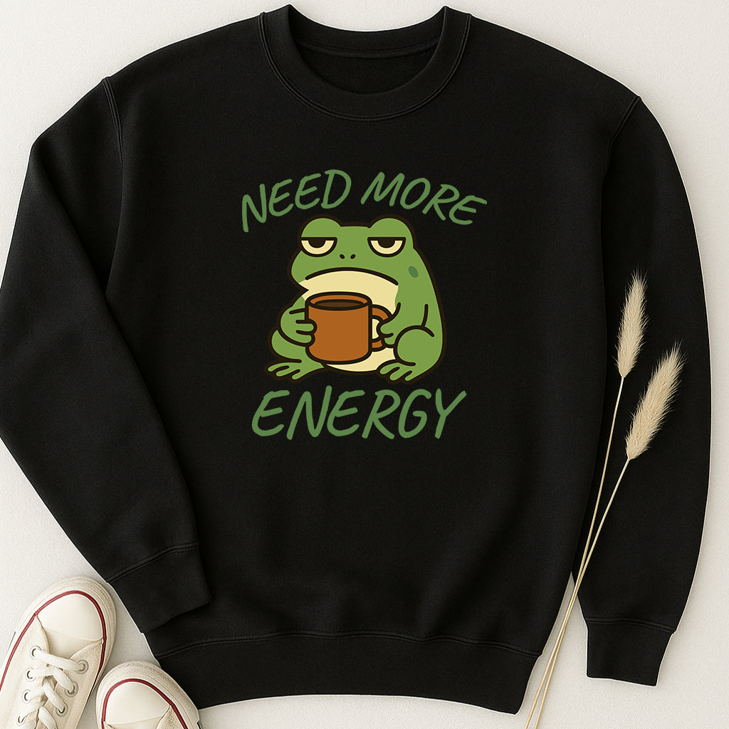 Funny Frog Coffee T-Shirt, Need More Energy Tee, Cute Frog Shirt, Lazy Tired Frog Mug Graphic Tee, Coffee Lover Gift, Unisex Humor Shirt