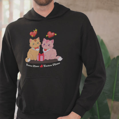Custom Cat Couple Hoodie Personalized Valentine's Gift Cute Cat Lovers Hoodie Romantic Pet Lover Apparel
