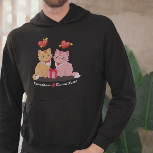 Custom Cat Couple Hoodie Personalized Valentine's Gift Cute Cat Lovers Hoodie Romantic Pet Lover Apparel