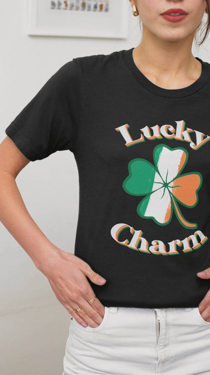 Lucky Charm St. Patrick’s Day Shirt Irish Flag Clover Tee Vintage Shamrock T-Shirt Irish Pride Outfit Black St. Patty’s Tee