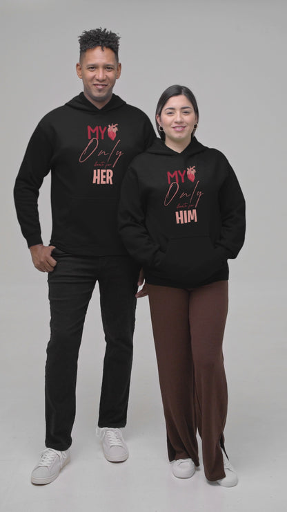 Matching Couples Hoodie My Heart Only Beats for Him & Her Romantic Valentine’s Day Gift Cozy Love Pullover