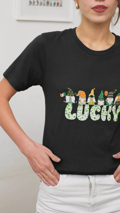 Lucky St. Patrick’s Day Gnome T-Shirt Shamrock Clover Tee Irish Holiday Outfit Black T-Shirt Cute Gnome Shirt Unisex
