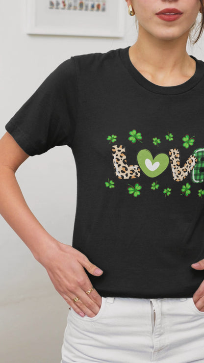 LOVE St. Patrick’s Day Shirt Shamrock Leopard Print Tee Green Plaid Clover T-Shirt Lucky Irish Love Shirt St Patty’s Day T-shirt