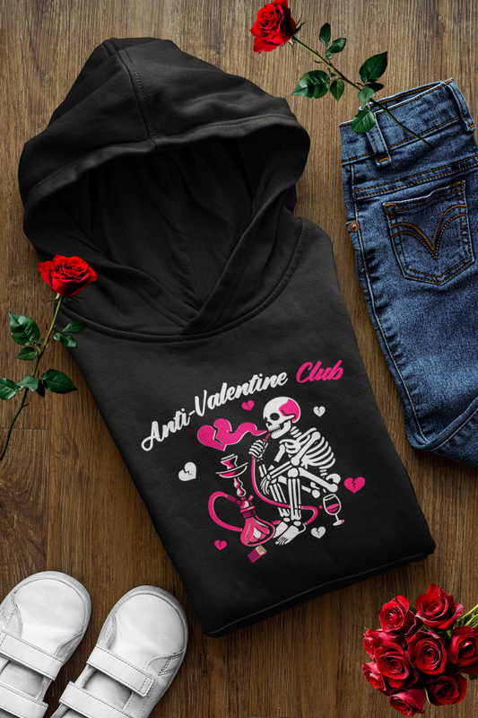 Anti Valentine’s Club Hoodie Funny Skeleton Hoodie Anti-Love Pullover Sarcastic Gothic Hoodie Single Life Valentine’s Gift Breakup Hoodie