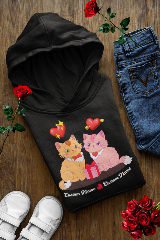 Custom Cat Couple Hoodie Personalized Valentine's Gift Cute Cat Lovers Hoodie Romantic Pet Lover Apparel